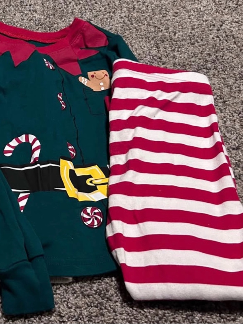 Kids Green Elf Pajama Set with Red & White Striped Pants